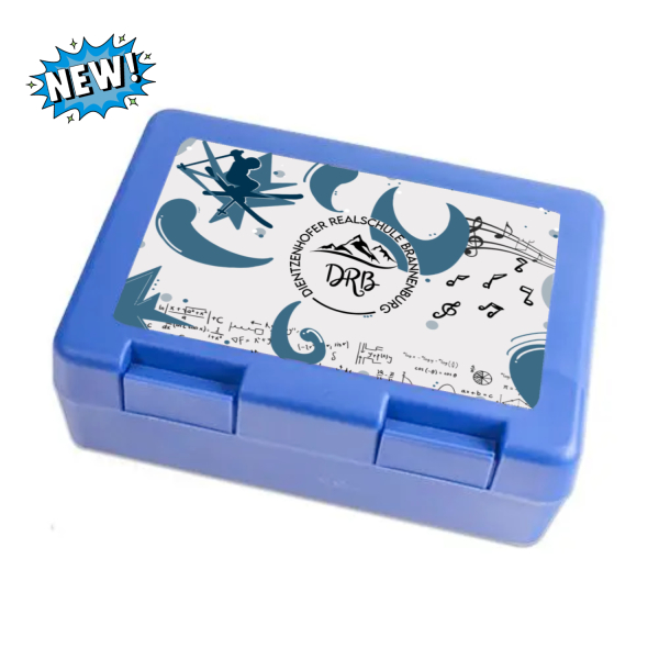 Blaue Brotzeitbox mit Schulprofil Design der Dietzenhofer Realschule Brannenburg gestaltet von Schüler Semir Maslic