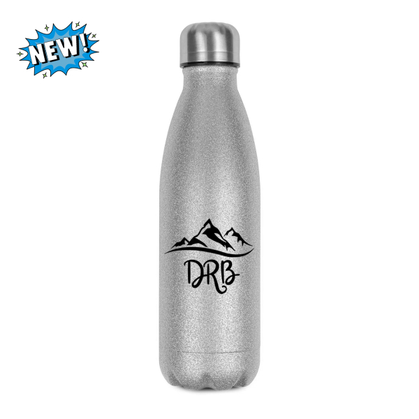 Silberne Glitzer Edelstahl Trinkflasche mit DRB Berge Logo der Dietzenhofer Realschule Brannenburg