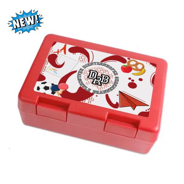 Rote Brotzeitbox mit Pausen Design der Dietzenhofer Realschule Brannenburg gestaltet von Schüler Semir Maslic