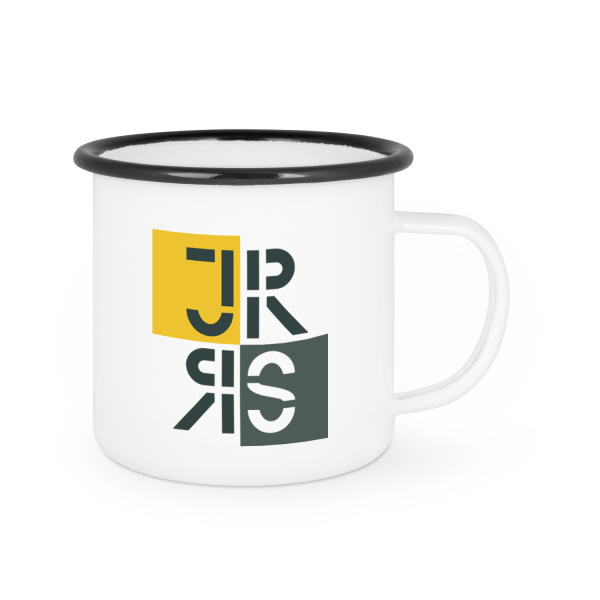 Emaille-Tasse mit schwarzem Rand und Logo der Johann-Rieder Realschule Rosenheim