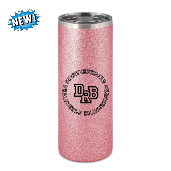 Pinker Glitzer Thermobecher mit DRB Sportlogo der Dietzenhofer Realschule Brannenburg