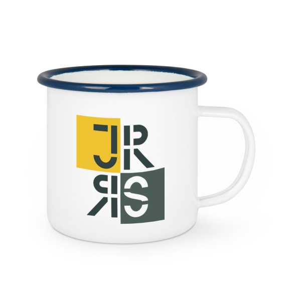 Emaille-Tasse mit blauem Rand und Logo der Johann-Rieder Realschule Rosenheim