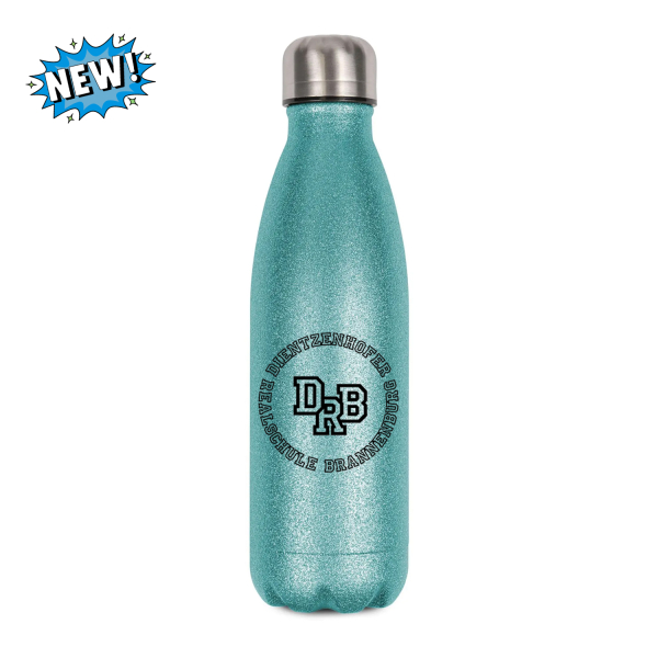 Blaue Glitzer Edelstahl Trinkflasche mit DRB Logo der Dietzenhofer Realschule Brannenburg