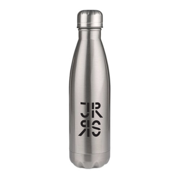 Silberne Thermosflasche mit Logo der Johann-Rieder Realschule Rosenheim und Edelstahldeckel