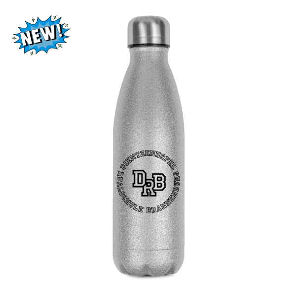 Glitzer Edelstahl Trinkflasche mit DRB Sportlogo der Dietzenhofer Realschule Brannenburg in Silber