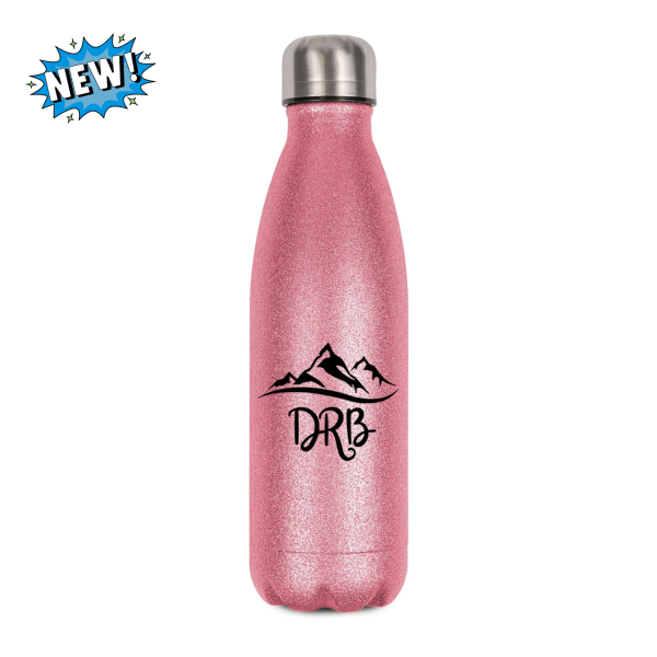 Pinke Glitzer Trinkflasche aus Edelstahl mit DRB Berge Logo der Dietzenhofer Realschule Brannenburg