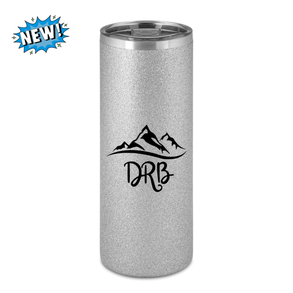 Silberner Glitzer Thermobecher mit Schiebeverschluss und DRB Berge Logo der Dietzenhofer Realschule Brannenburg