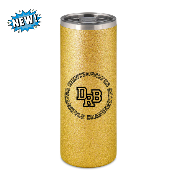 Goldener Glitzer Thermobecher mit DRB Sportlogo der Dietzenhofer Realschule Brannenburg