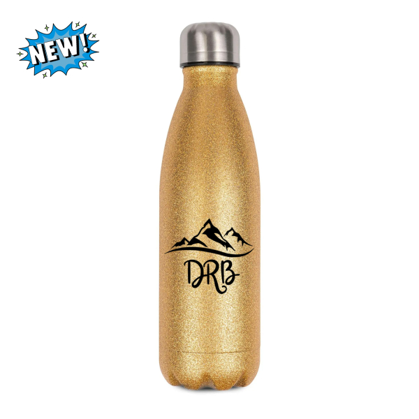 Goldene Glitzer Trinkflasche aus Edelstahl mit DRB Berge Logo der Dietzenhofer Realschule Brannenburg