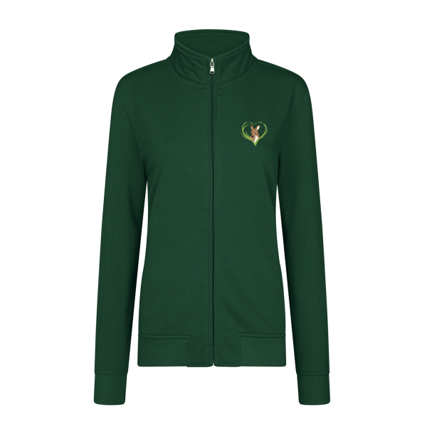 Damen Sweatshirt Jacke Rehkitzrettung Mangfalltal tailliert Bottle Green Brustprint ohne Namen