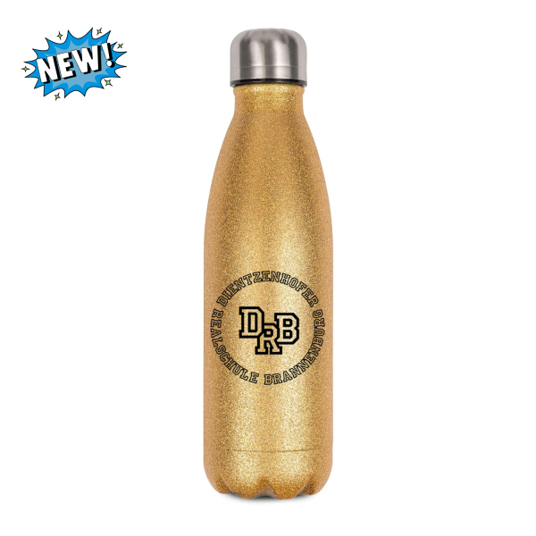 Goldene Glitzer Trinkflasche aus Edelstahl mit DRB Sportlogo der Dietzenhofer Realschule Brannenburg