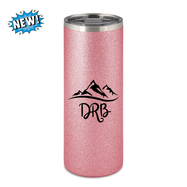 Pinker Glitzer Thermobecher mit Kunststoff Schiebeverschluss und DRB Berge Logo der Dietzenhofer Realschule Brannenburg