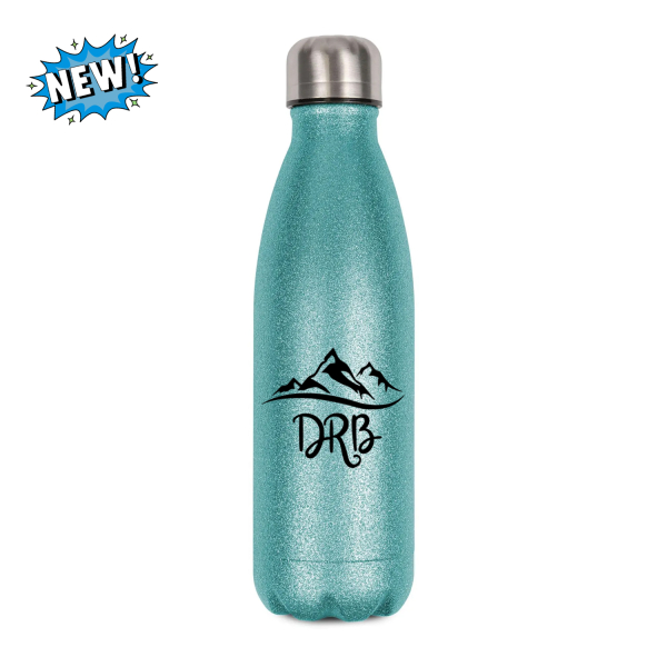 Blaue Glitzer Edelstahl Trinkflasche mit DRB Berge Logo der Dietzenhofer Realschule Brannenburg